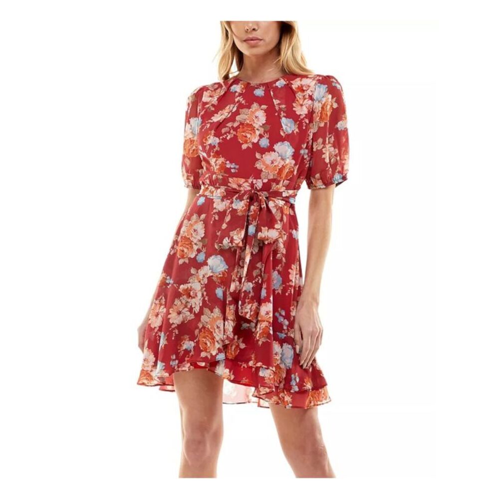 B DARLIN Womens Short Dress Red Short Sleeve Lined Tie Belt Juniors 5\6